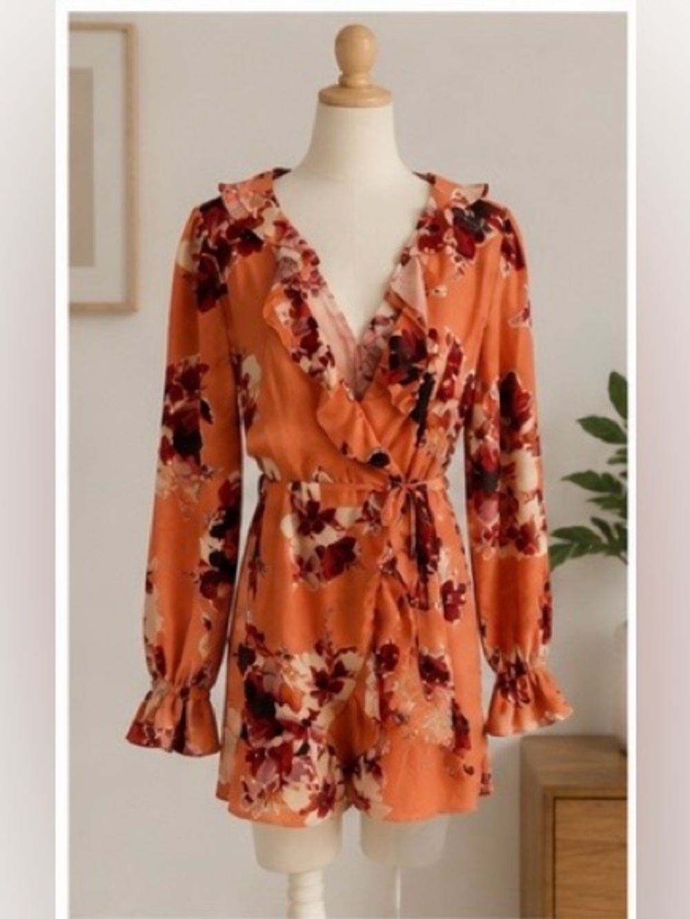 NWT Honey Punch Floral Wrap Dress S Orange Long Sleeve Ruffle Boho Mini Dress